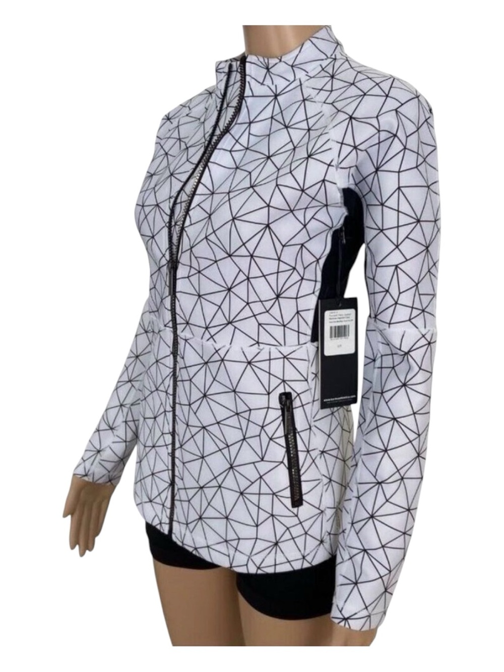 Karma Athletics White & Black Geometric Full-Zip Womens Jacket Lightweight Activ